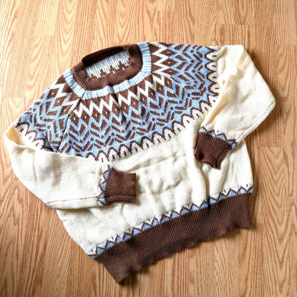 Retro Tribal Pattern Sweater Sz XL Brown Blue Cream Knit Pullover Vintage Style - Picture 2 of 9